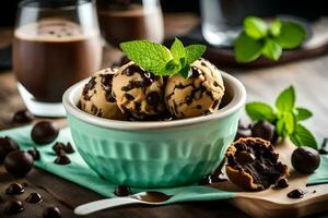 chocolate chip ice cream in a bowl with mint leaves. AI-Generated photo