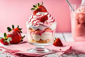 a dessert with strawberries and whipped cream. AI-Generated photo