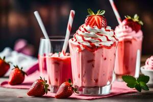 three glasses of strawberry milkshake with whipped cream. AI-Generated photo