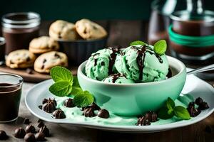 mint chocolate chip ice cream in a bowl with mint leaves and chocolate cookies on a wooden table. AI-Generated photo