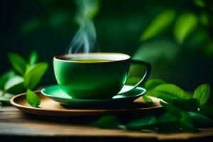 verde té en un taza en un de madera mesa. generado por ai foto