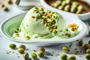 pistachio ice cream in a bowl with pistachio nuts. AI-Generated photo