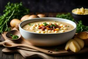 a bowl of potato soup with bacon and cheese. AI-Generated photo