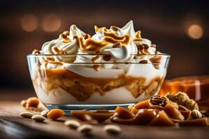 caramel apple dessert in a glass bowl. AI-Generated photo