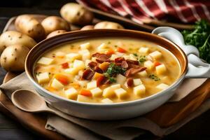 a bowl of potato soup with bacon and cheese. AI-Generated photo