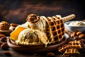ice cream and waffles in a wooden bowl. AI-Generated photo