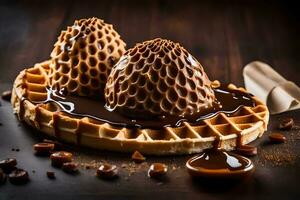 two waffles with chocolate syrup and caramel on top. AI-Generated photo