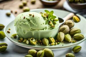 pistachio ice cream with pistachio nuts on a white plate. AI-Generated photo