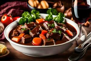 a bowl of beef stew with vegetables and a glass of red wine. AI-Generated photo