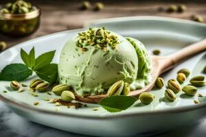 pistachio ice cream with pistachio leaves on a plate. AI-Generated photo