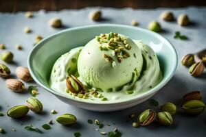 pistachio ice cream in a bowl with pistachios. AI-Generated photo