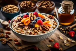 a bowl of oatmeal with nuts and berries. AI-Generated photo