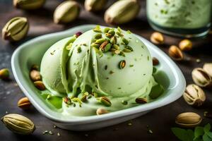 pistachio ice cream in a bowl with pistachios and nuts. AI-Generated photo