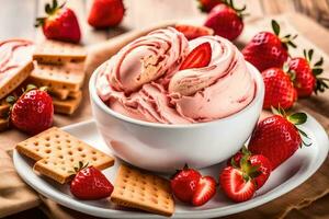 fresa hielo crema en un cuenco con galletas generado por ai foto