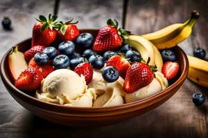 a bowl of ice cream with strawberries, blueberries and bananas. AI-Generated photo