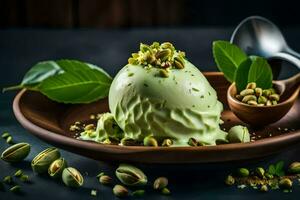 pistachio ice cream in a bowl with pistachio nuts and a spoon. AI-Generated photo