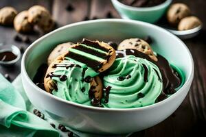 a bowl of mint chocolate chip ice cream with cookies. AI-Generated photo