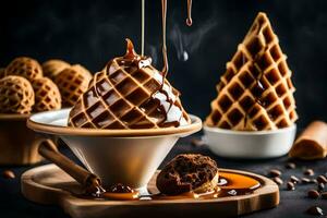 chocolate waffle with caramel sauce and waffle cones on a dark background. AI-Generated photo