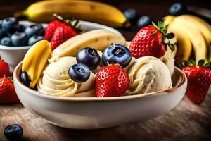 a bowl of ice cream with bananas, blueberries and strawberries. AI-Generated photo