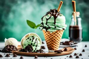 ice cream with mint and chocolate. AI-Generated photo