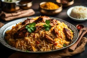 indian biryani with meat and rice. AI-Generated photo