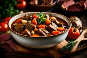 a bowl of beef stew with vegetables and meat. AI-Generated photo