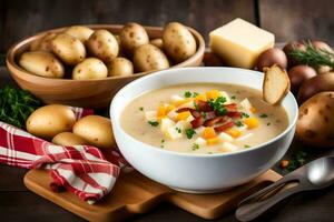 potato soup with bacon and cheese in a bowl. AI-Generated photo