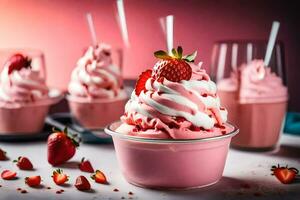 a strawberry milkshake with whipped cream and strawberries. AI-Generated photo