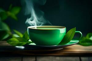 a cup of green tea with leaves on a wooden table. AI-Generated photo