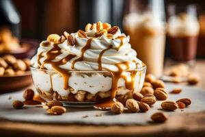 caramel apple cheesecake with caramel sauce and nuts. AI-Generated photo