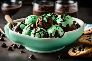 chocolate ice cream with mint and cookies in a bowl. AI-Generated photo