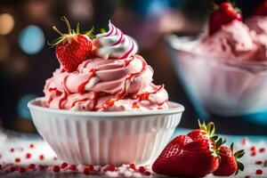 un cuenco de fresa hielo crema con azotado crema. generado por ai foto