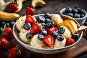 a bowl of ice cream with strawberries, blueberries and bananas. AI-Generated photo