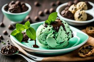 chocolate ice cream with mint leaves and cookies. AI-Generated photo