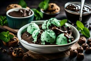 chocolate ice cream with mint and cookies on a dark background. AI-Generated photo