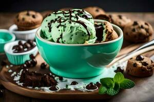 chocolate chip cookies and mint ice cream in a bowl. AI-Generated photo