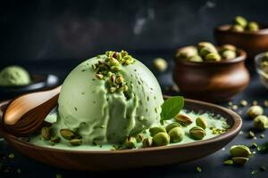 pistachio ice cream in a bowl with pistachio nuts on a dark background. AI-Generated photo