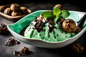 ice cream with chocolate chips and mint leaves in a bowl. AI-Generated photo