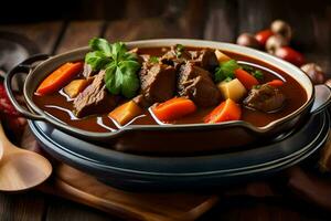 a bowl of beef stew with carrots and potatoes. AI-Generated photo