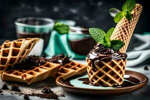 chocolate waffle with mint and chocolate sauce on a plate. AI-Generated photo