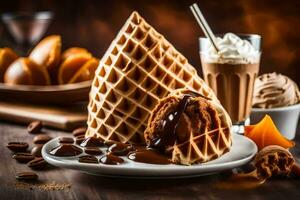 chocolate waffle with caramel and nuts on a wooden table. AI-Generated photo