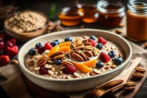 a bowl of oatmeal with fruit and nuts. AI-Generated photo