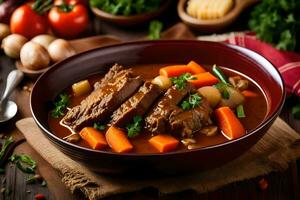 a bowl of beef stew with vegetables and carrots. AI-Generated photo