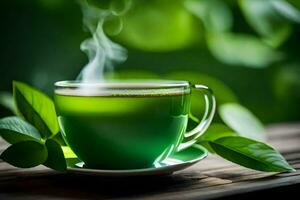 un taza de verde té con hojas en el mesa. generado por ai foto