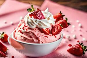 a bowl of strawberry ice cream with whipped cream. AI-Generated photo