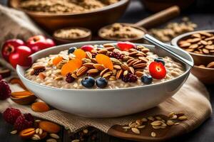 a bowl of oatmeal with berries and nuts. AI-Generated photo