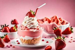 a strawberry sundae with whipped cream and strawberries. AI-Generated photo