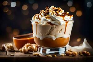 caramel ice cream with whipped cream and nuts on a wooden table. AI-Generated photo