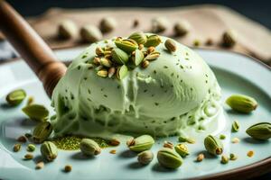 a scoop of green ice cream with pistachios and a wooden spoon. AI-Generated photo