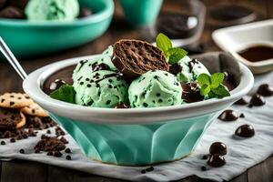 chocolate mint ice cream in a bowl. AI-Generated photo